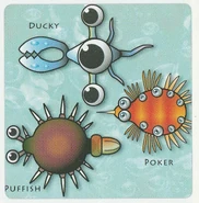 Poker, a previous iteration of Bloato, along with an early iteration of Puffish and Ducky.