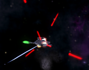 A blaster battle in the . The blue bolt is from the visible spaceship's Auto Blaster, while the red bolts are being fired from enemy fighters out of view.
