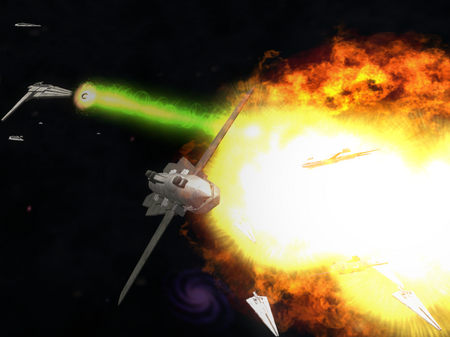 The Imperatore fires the matter cannon at an Imperial State fleet during the New Cyrandia Wars