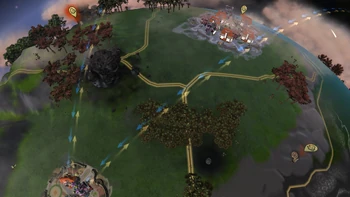 Two cities trading each other through the sky. Just like the space stage, one city can do more then one trade route at the same time.