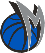 2002-present: A curved sliver letter M in front of a blue basketball.