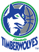 1990-1996: A Green, white and blue circle with a silver basketball, with a wolf in front. Wordmark below.