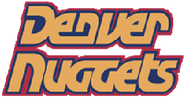 1994-2003: "Denver Nuggets" in gold, outlined in blue and red.