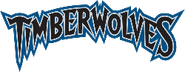 2009-present: "TIMBERWOLVES" in black, outlined in silver and blue.