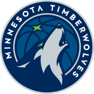 2017-present: A Blue and silver circle with a wolf howling at the sky, which is a basketball. A green star is in the middle, the north star. "MINNESOTA TIMBERWOLVES" goes around in the circle.