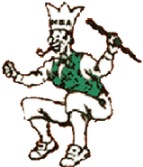 1951-1960: A leprechaun with a crown jumping holding his cane. In black, white and yellow.