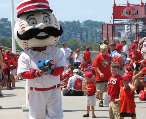 Cincinnati Reds' mascot Mr. Red dances prior to a baseball game