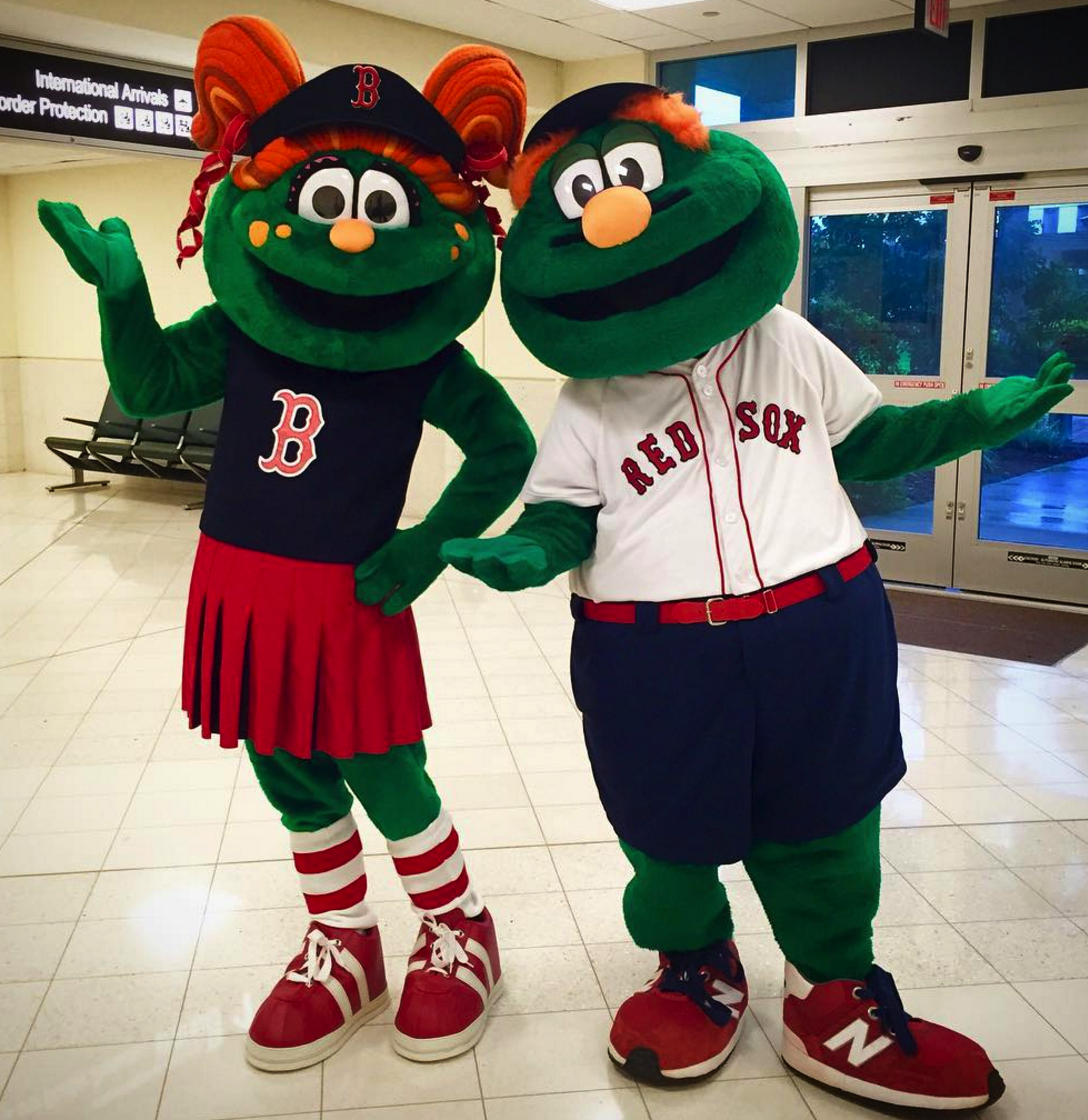 Boston Red Sox mascot Tessie The Green Monster performs on the