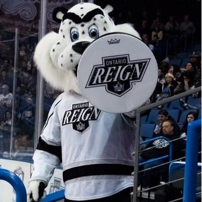 Ontario Reign Mascot Kingston motions on the ice during a game News  Photo - Getty Images