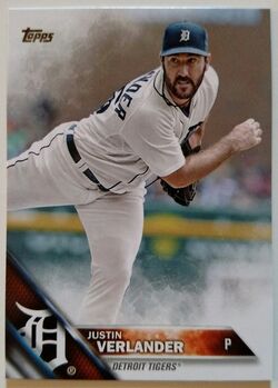 Justin Verlander player worn jersey patch baseball card (Detroit Tigers,  Astros WS Champion) 2016 Topps Clubhouse Collection #CCRJVE