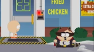 The Coon meeting with The New Kid in front of the Medicinal Fried Chicken store.