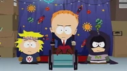 Doctor Timothy confronting Professor Chaos and The New Kid after emerging from the secret room of Freedom Pals Base.