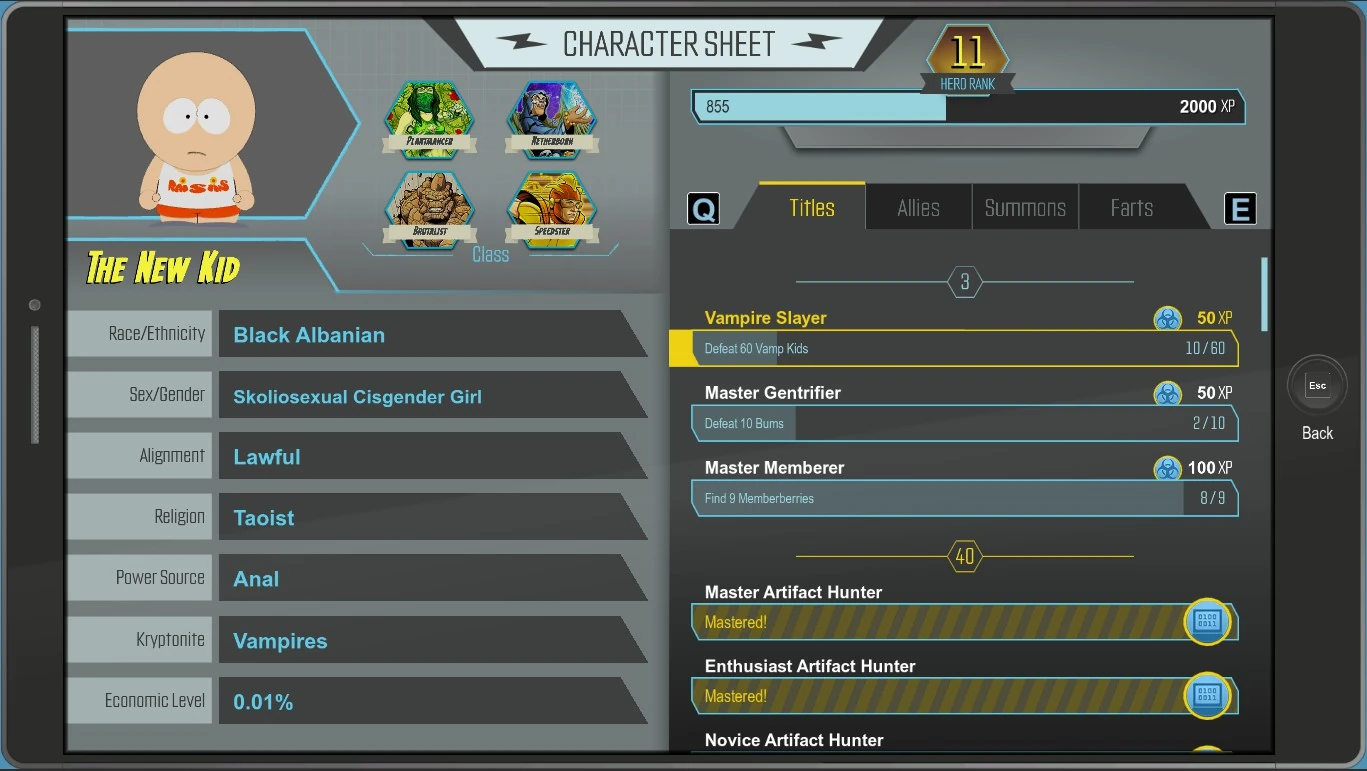 Character Sheet App The South Park Game Wiki Fandom