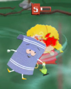 Towelie attacking Blood Elf Bebe. Note how she is being surrounded by a blue spiral, indicating that she is being affected by Towelie's aura.