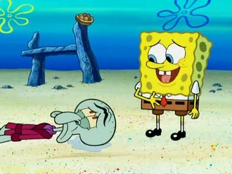 Spužva Bob pokušava utješiti Kalamirka nakon što mu je Kalamarko oteo nagradu za najotmjeniju kuću