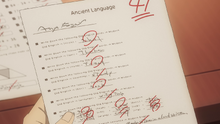 Loid holding Anya's Classical Language test