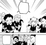 Anya, Becky, Damian, Emile, and Ewen running to the cafeteria