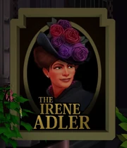  portrays Adler on the sign that hangs outside The Irene Adler