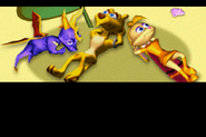 Spyro, Hunter, and Bianca relaxing on the beach in the intro cutscene.