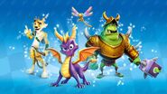 Spyro, Sparx, Hunter and Gnasty Gnorc promo art for Crash Team Racing: Nitro Fueled