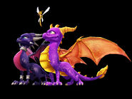 Cynder with Spyro and Sparx in a promo picture for Dawn of the Dragon