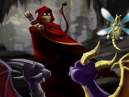 Hunter concealng his true identity, revealing himself to the awakened Spyro, Sparx and Cynder in the DS version of Dawn of the Dragon