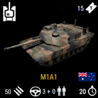 M1A1 Infocard. Tank, 15 tickets, 50 ammo, 3 crewman, 20 minutes.