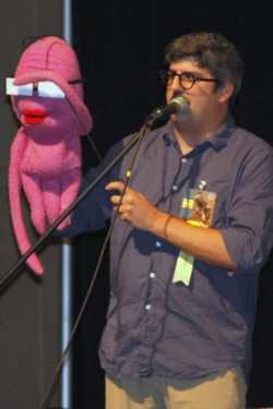 Dana Snyder with his puppet character he voiced, Granny.