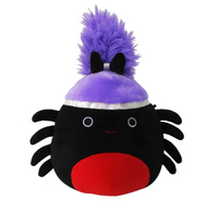 A photo of a black spider with purple hair.