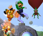 Luigi doing a Fire Jump Punch in Super Smash Bros. Melee.