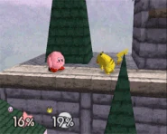 Kirby inhaling Pikachu and copying his ability.