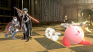 Lucina along with Byleth and Kirby while using the Super Scope.