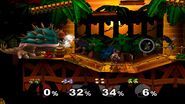 Giga Bowser, Captain Falcon, Donkey Kong, and Fox battling on Congo Jungle in Super Smash Bros Melee.