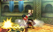 Male Robin's down smash. When used with the Levin Sword, the sparks from the sword can actually hit opponents standing very close behind Robin.