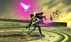 The third hit of Bayonetta's jab extended using Bullet Arts.