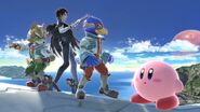 Falco along with Fox, Bayonetta and Kirby in the Corneria stage.