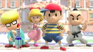 Ness with Jeff, Paula, and Poo on Delfino Plaza.