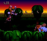 The sunset background of this stage may be based on the Orang-utan Gang level, seen here in Donkey Kong Country.