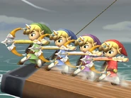 Four different colored Toon Links using the Hero's Bow.