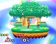 A stock match between Mario and Link on Dream Land in Super Smash Bros. Melee