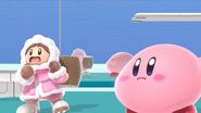 Kirby having sucked up Popo, with Nana in fear.