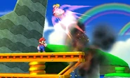 Peach being launched by Bob-omb explosion.