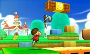 The Villager and Wii Fit Trainer running along the 3D Land stage in the 3DS version.