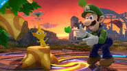 Luigi performing a Up Taunt near a Yellow Pikmin sitting on a tree stem.