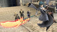 Byleth using Back Air in the Marketplace section of Garreg Mach Monastery.