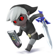 Link turns into Dark Link. He mostly wears his black uniform, especially gray pants, and black boots.