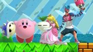 Peach along with Spring Man and Kirby in the Super Mario Maker stage while holding the Spiny Shell item.