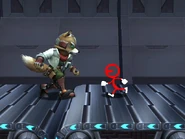 Fox encountering a red Mite in Super Smash Bros. Brawl