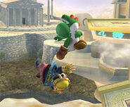 Yoshi gimping Wario with a Footstool Jump in Super Smash Bros Brawl