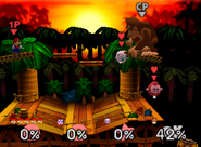Mario, Jigglypuff, and Kirby battling Giant DK on Congo Jungle.